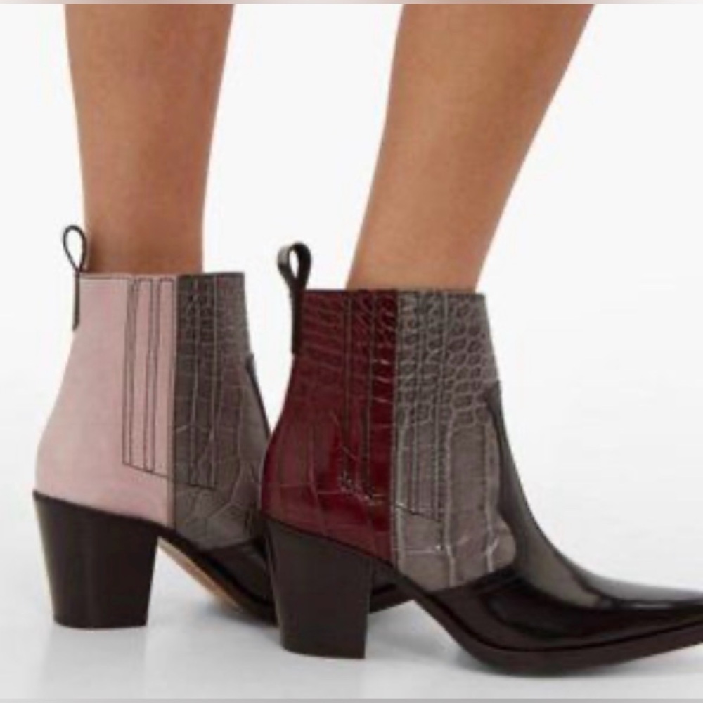 GANNI - women’s Callie croc effect glossed leather western heeled ankle boots 10